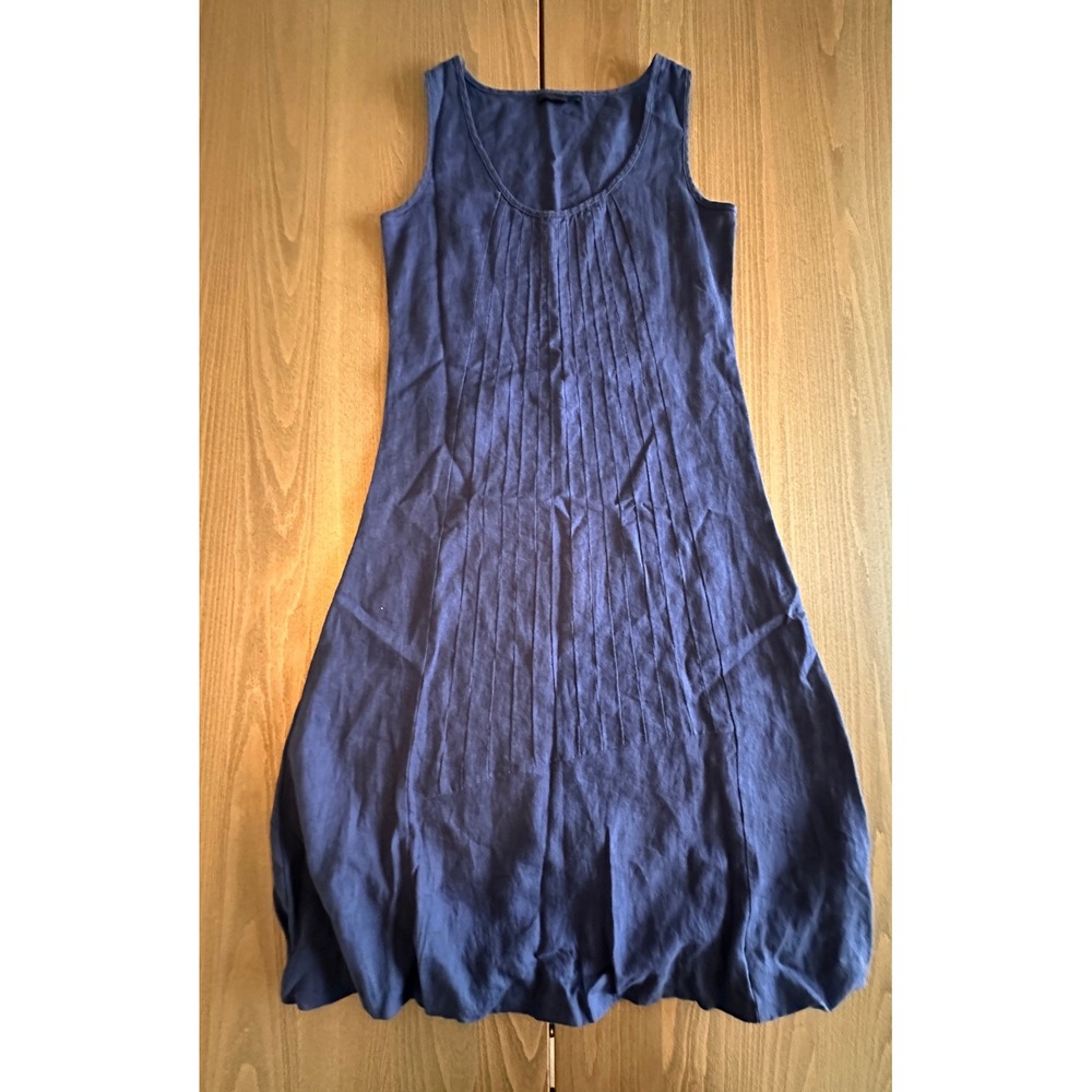 Kokomarina Navy Blue 100% Linen Pintuck Bubble Hem Midi Dress Small